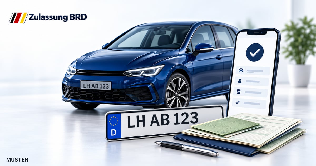 Online Fahrzeugzulassung in Bönen: Musterkennzeichen LH AB 123, Auto und Fahrzeugpapiere und Smartphone. Illustration mit Logo von Zulassung BRD.